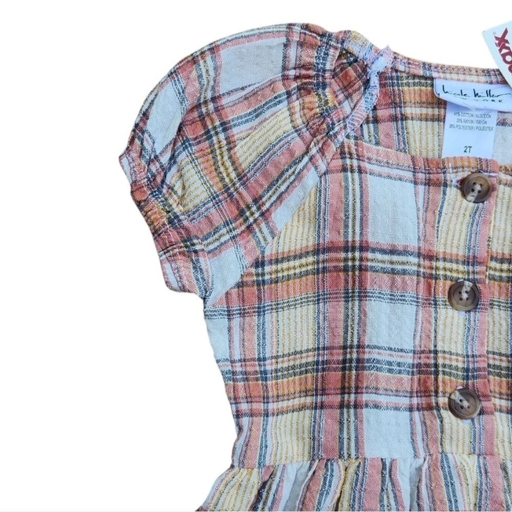 Nicole Miller Girls Woven Plaid Dress Short Sleeve Half Button Down Size 2T - Picture 3 of 12